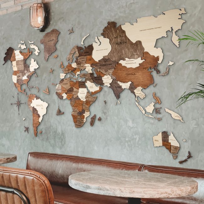 Carte du monde en bois 3D multicolore