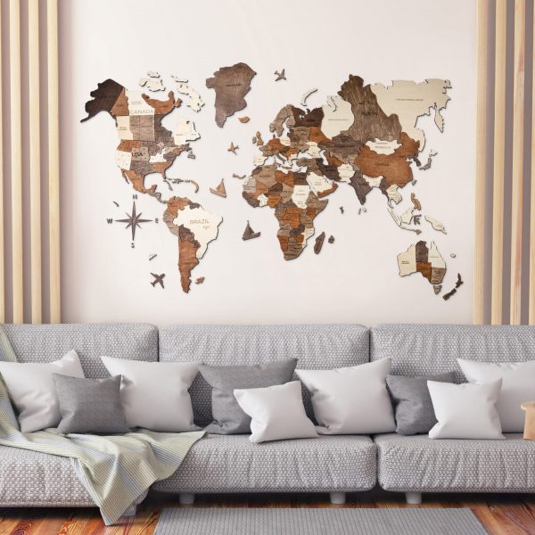 Carte du monde en bois 3D multicolore