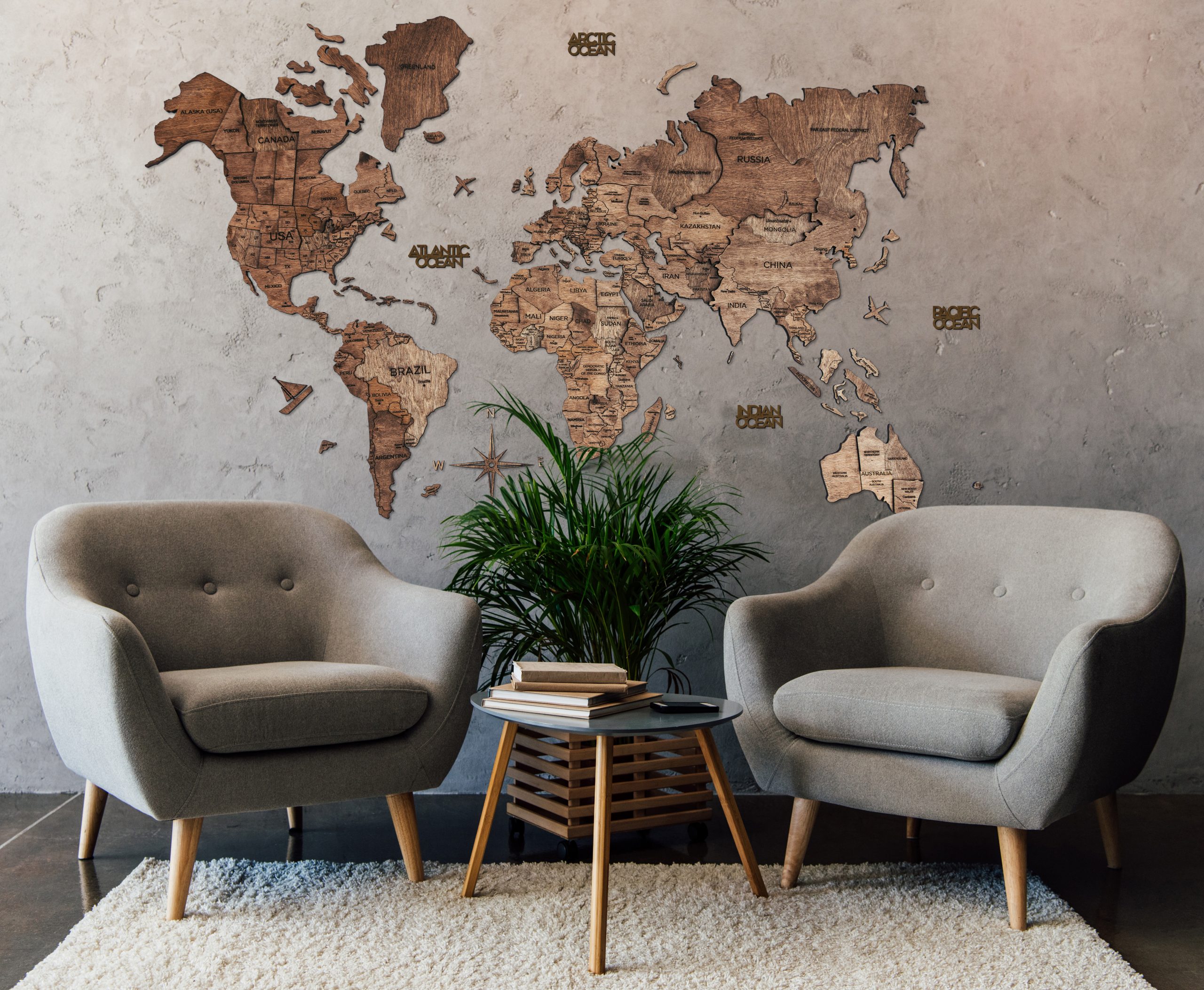 Carte du monde en bois 3D Dark Walnut XL (200x120cm) » Enjoy The