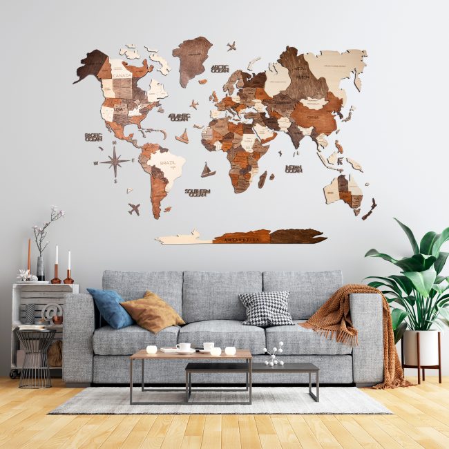 Carte du monde en bois 3D multicolore