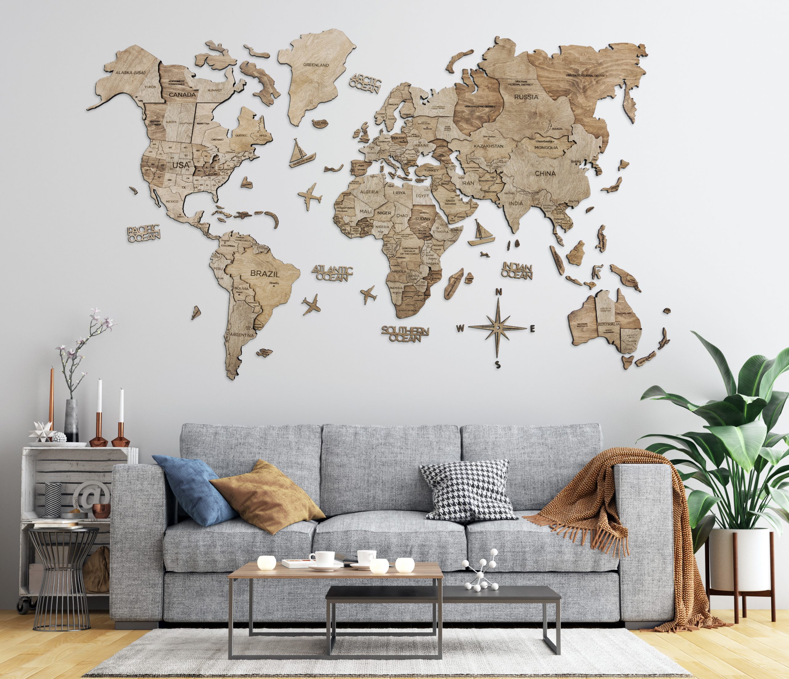 Carte du monde en bois - décoration murale Naturel